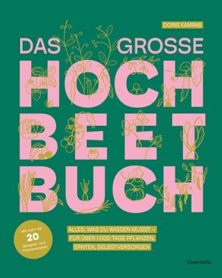 Cover von dem großen Hochbeetbuch in grün mit rosa Schrift und gezeichnetem Gemüse. Autorin Doris Kampas